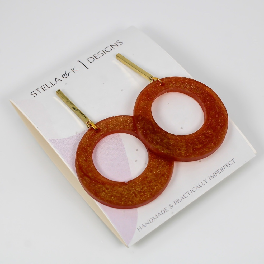 Handmade Earrings - Large Drop Hoop Resin Earrings - Brown Shimmer - NEW